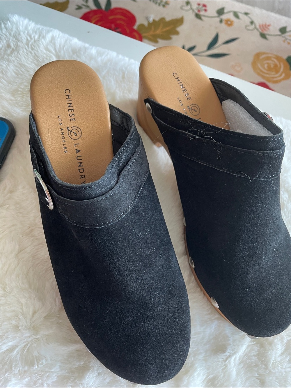 Chinese Laundry Black Suede Slip-On Mules with Tan Insole